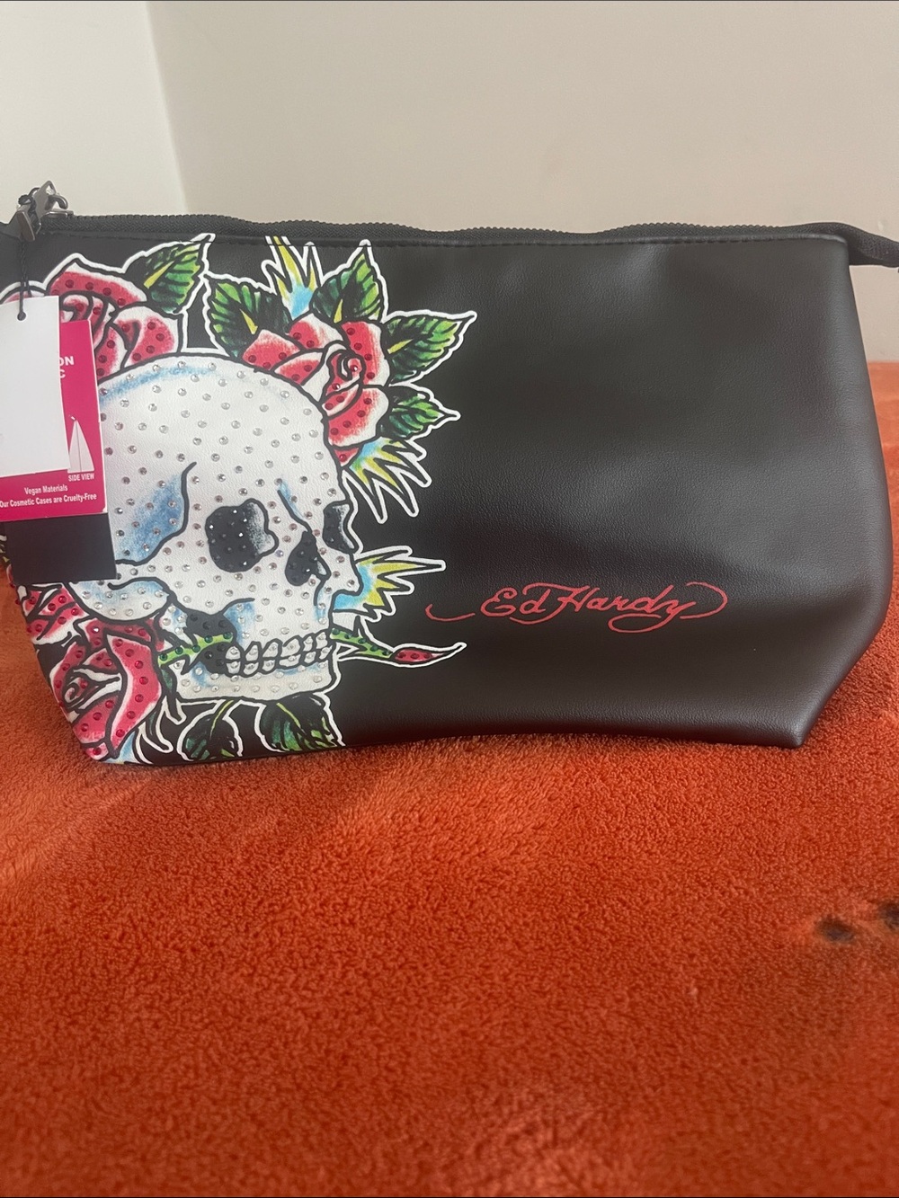 Ed Hardy Black Skull & Floral Zip Pouch with Red Script